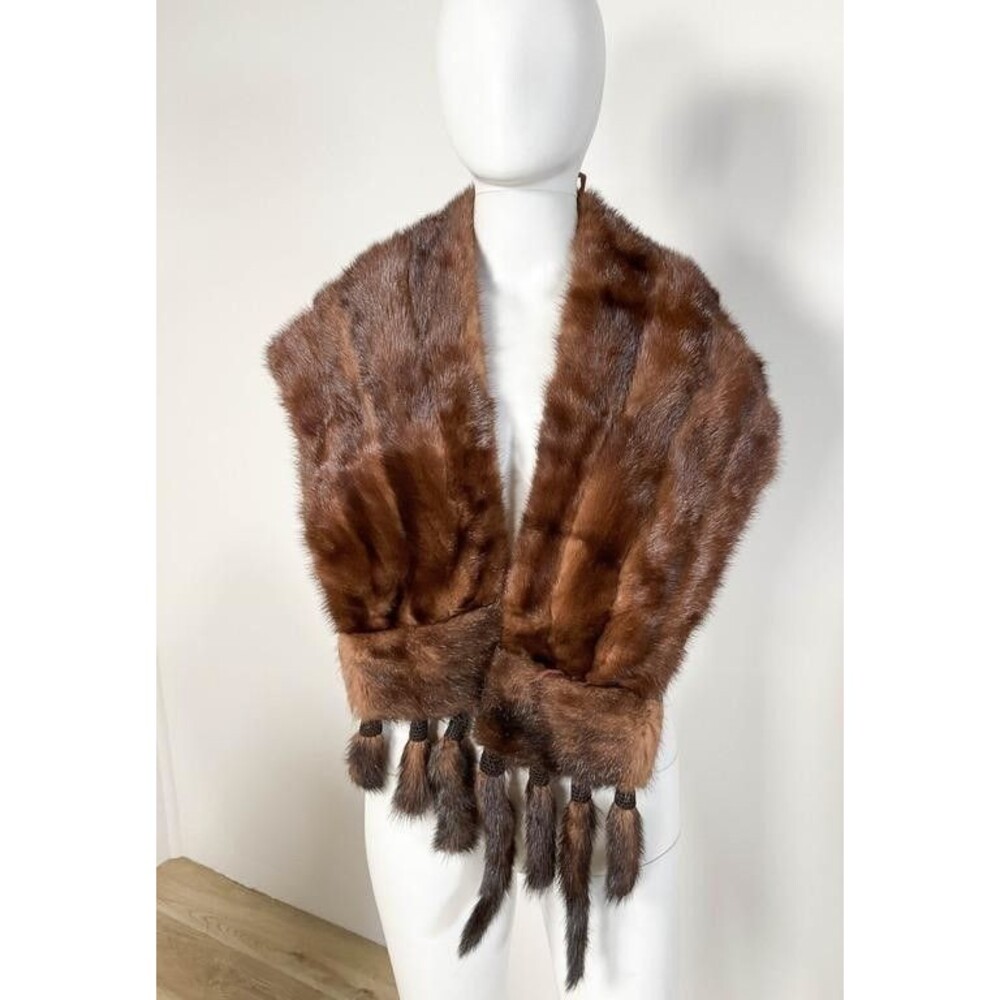 Vintage Real Mink Fur Stole Brown Tassel Evening Wrap Old Hollywood